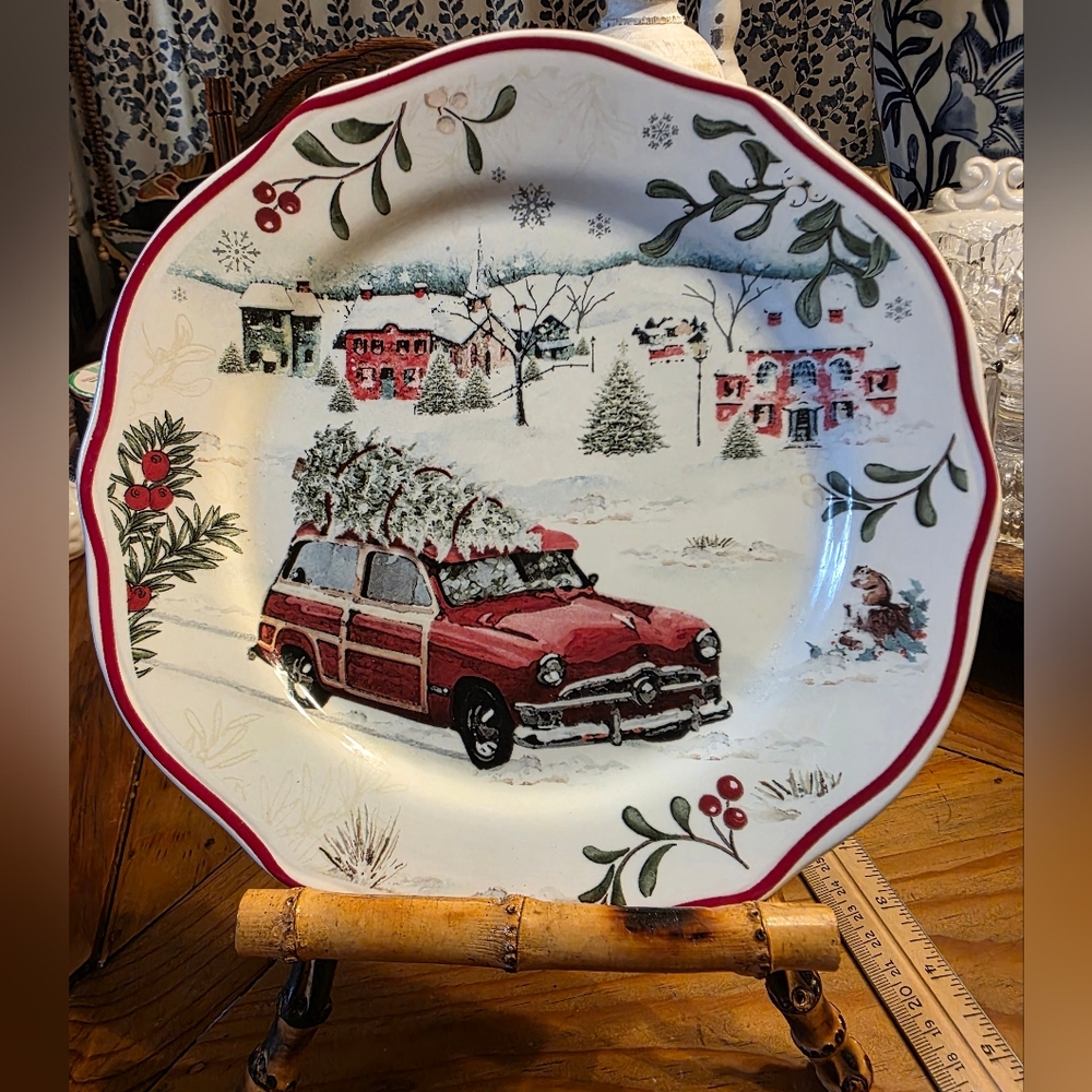 Better Homes & Gardens Winter Forest Red Wagon Christmas Holiday Plate 8.66"